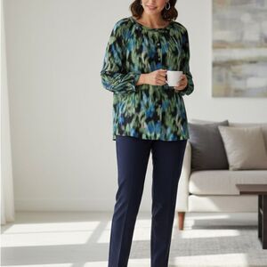 Time and Tru Peasant Blouse Green Blue Abstract Print Long Sleeve XL 16 18